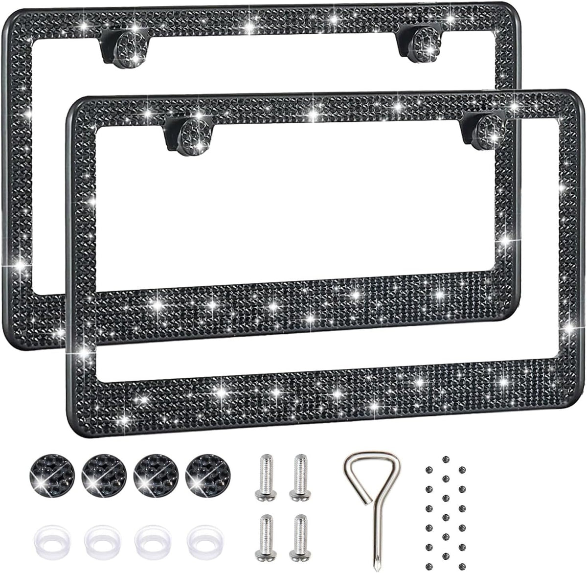 2 Pack License Plate Frames for Women, Sparkly Rhinestone Diamond Car Accessories with Glitter Crystal Caps (Black (2PCS))