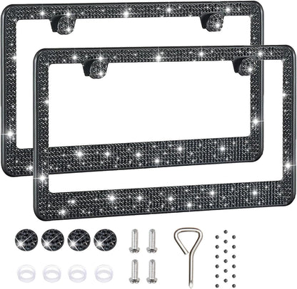 2 Pack License Plate Frames for Women, Sparkly Rhinestone Diamond Car Accessories with Glitter Crystal Caps (Black (2PCS))