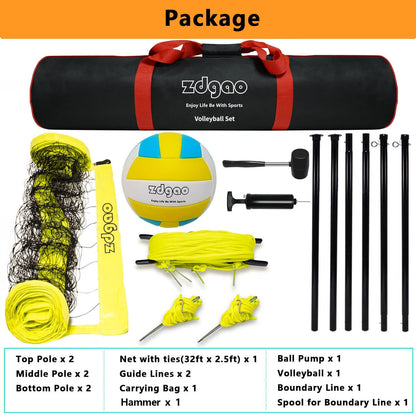 Outdoor Portable Volleyball Net System - Adjustable Height Poles with Soft Volleyball Ball, Pump, Hammer, Boundary Line, and Carry Bag for Backyard, Beach, Lawn