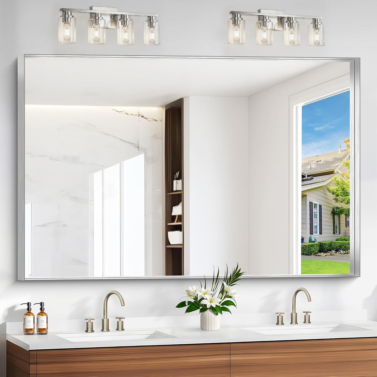 Silver Bathroom Mirror, 60x40 Inch Rectangular Framed Mirror, Large Wall Mounted Bathroom Vanity Mirror Over Sink for Bedroom,Restroom, Living Room, Hangs Vertically or Horizontally