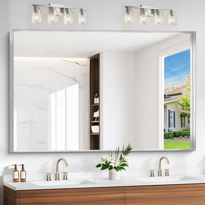 Silver Bathroom Mirror, 60x40 Inch Rectangular Framed Mirror, Large Wall Mounted Bathroom Vanity Mirror Over Sink for Bedroom,Restroom, Living Room, Hangs Vertically or Horizontally