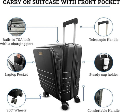 20 Inch Hardside Carry On Luggage with Spinner Wheels, Airline Approved 22x14x9 Carry-On Luggage with Front Pocket (Black)
