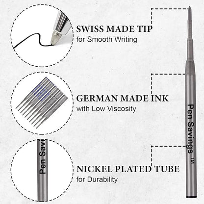 10 Pack, Pen Savings Ballpoint Pen Refills Compatible with Montblanc Twist Style Ballpoint Pens, Medium Point (Bulk Packed) (Black)