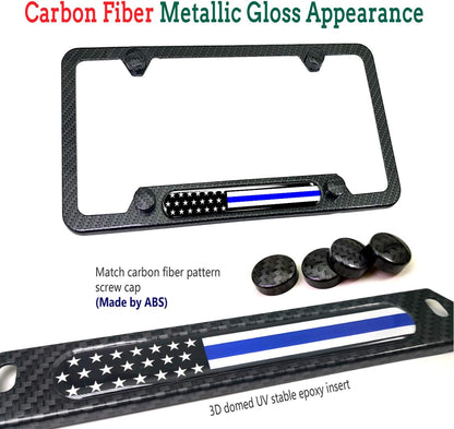Police Thin Blue Line License Plate Frame- Patriotic Carbon Fiber Car Tag Holder, American Flag Black Aluminum Bracket with Screw, Cap Covers, Decal, Novelty Gift for Law Enforcement, 1 Pack