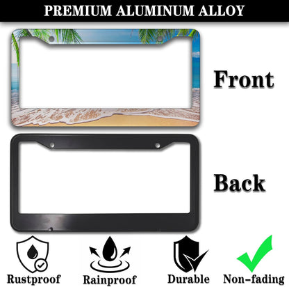 License Plate Frame Multicolor License Plate Holder Palm Trees with Tropical Ocean Beach Scene Aluminum Metal Car Accessory 2 Pack with Screw Covers Set