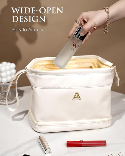 Women Gifts, Bridesmaid Gift, Initial Large Makeup Bag, Travel Essentials, Personalized Double Layer Cosmetic Bag with Makeup Brush Organizer, Toiletry Bag, Gifts for Friends Female Mom