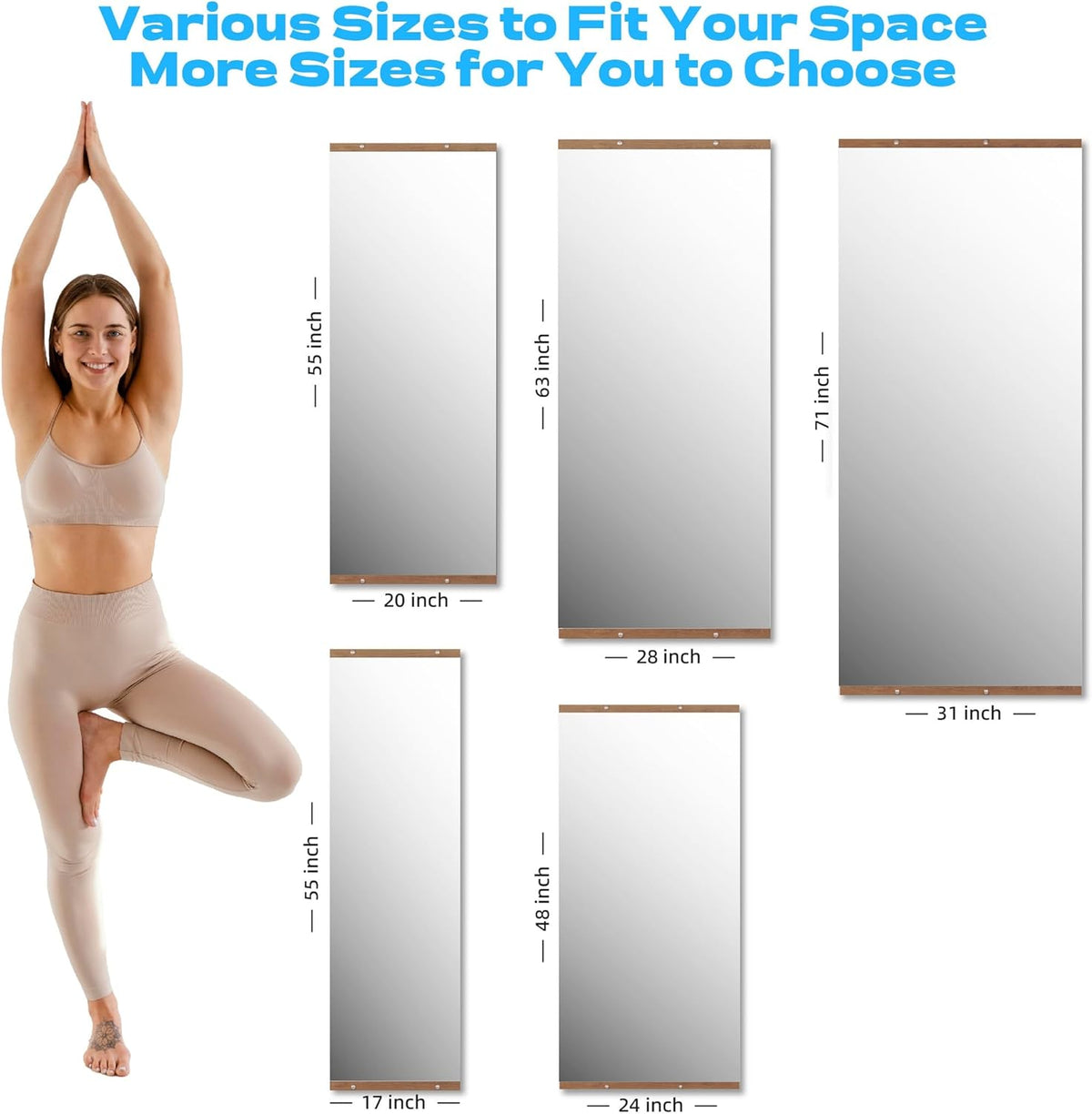 Hasipu 2Pcs 55''x20'' Home Gym Mirror Large Full Length Wall Mounted Full Body Mirror for Yoga Dance Fitness Exercise Studio Bedroom Garage, Frameless Tempered Glass Workout Mirrors Walnut Rectangular