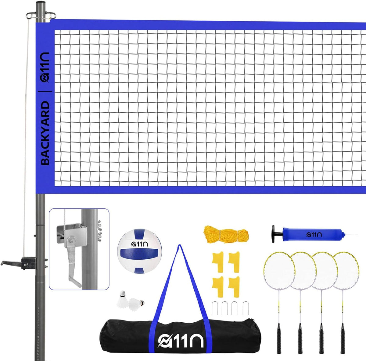 A11N Outdoor Volleyball and Badminton Combo Set - Includes Adjustable Height Anti-Sag Net, Volleyball, Air Pump, 4 Badminton Rackets, 2 Shuttlecocks, Boundary Line Marker, and Carrying Bag