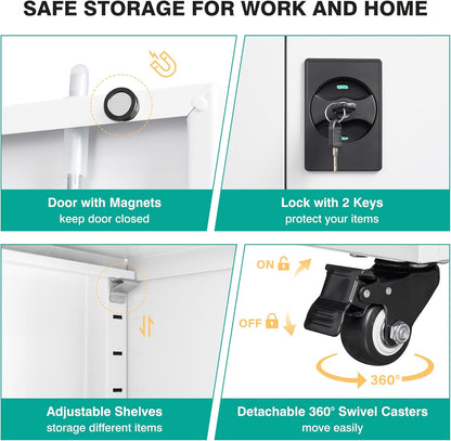 75" Tall Metal Storage Cabinet with Wheels,Rolling Garage Storage Cabinet with Lock,White Metal Cabinets with Wheels and Shelves,Tool Cabinets on Roller for Garage,Home,Office,Shop