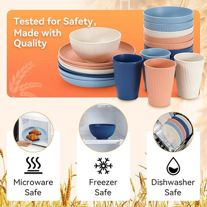 Wheat Straw Dinnerware Sets,64-Piece Plates and Bowls Sets for 8-Unbreakable,Reusable Plastic Dish Set-Dinner Plate/Dessert Plate/Cereal Bowl/Cup/Utensils-Microwavable Dishwasher Safe 64P-Gray