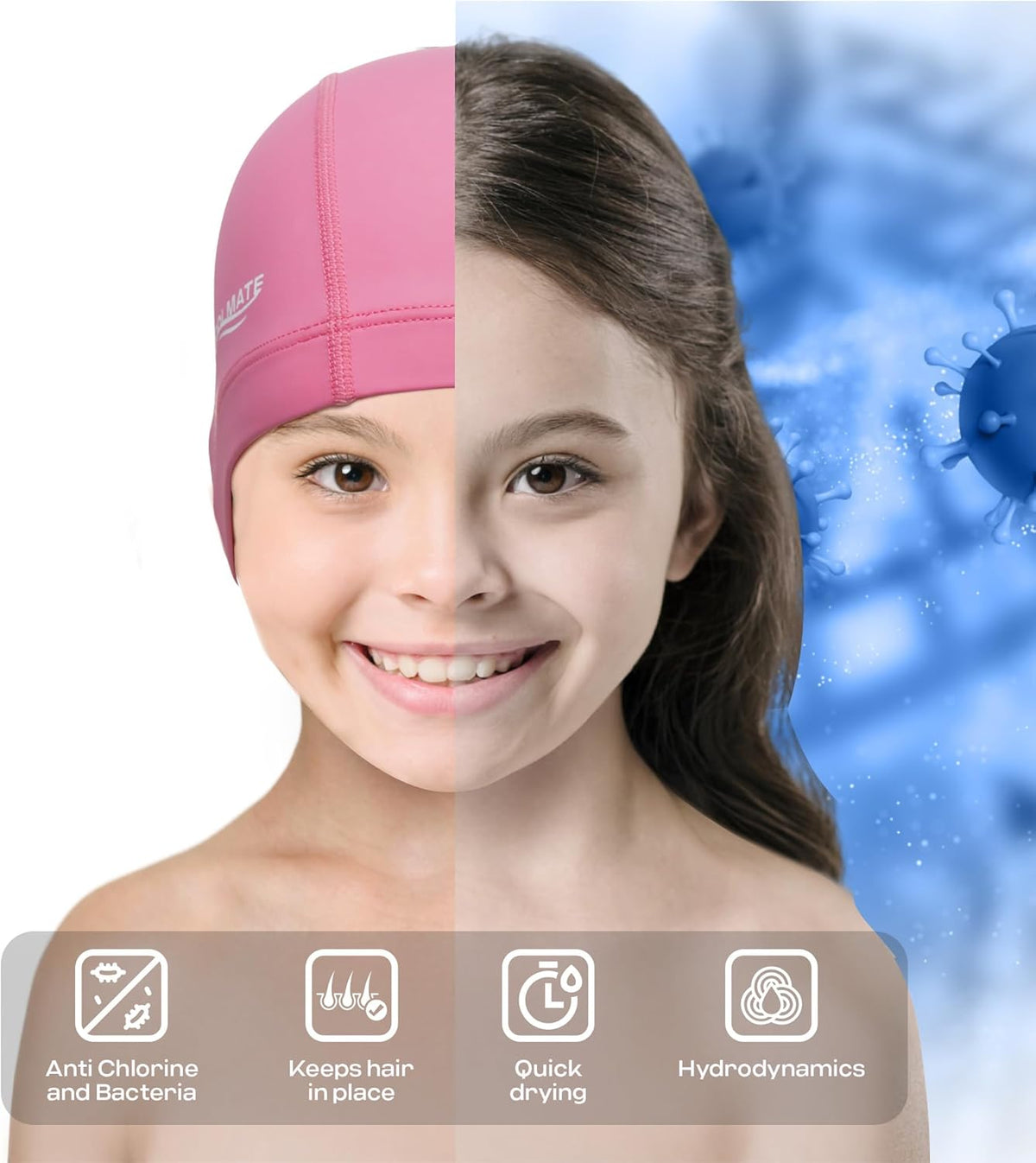 COOLMATE Fabric Swim Cap for Adult Women Men Kid 3 4 6 8 14 16, Silicone Water Resistant Layer, Cloth Swim Cap Gifts for Swimmers, Lightweight for Pool, Lap Swimming (1 pc)