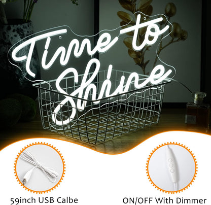 Time To Shine Neon Sign White Led Sign Time To Shine Neon Lights Decor for Lover Dimmable Letter Neon Wall Signs USB Powered with Switch Neon Signs for Wall Decor Party Wedding（16.5’’X10.2’’）