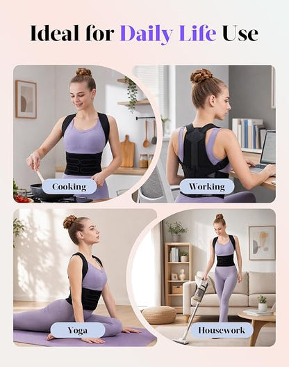 Posture Corrector for Women and Men, Full Back Support Brace, Adjustable Shoulder Straightener, Improving Posture, Relief Upper and Lower Back, Neck Pain, Full Black, Medium