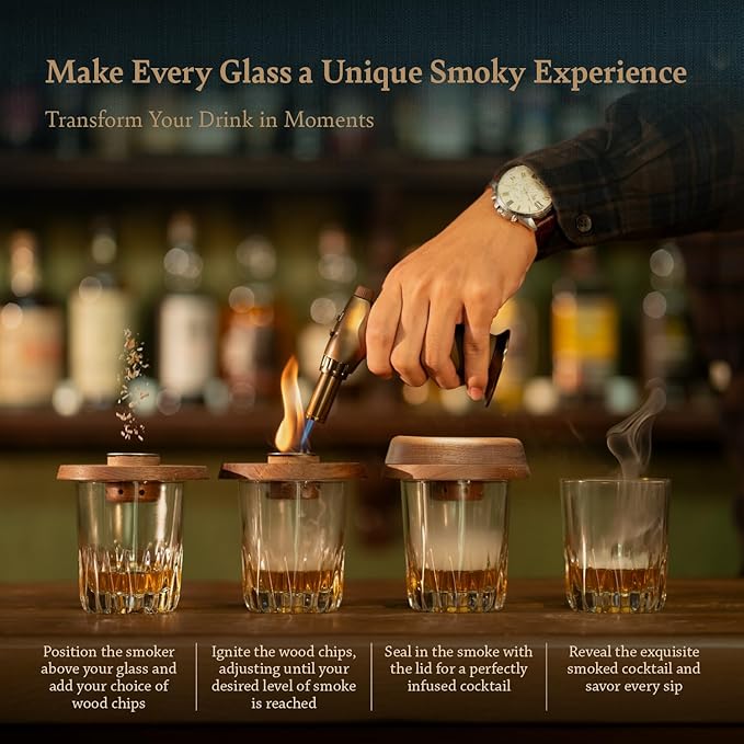 Cocktail Whiskey Smoker Kit with Torch, Wooden Box & Stand | Premium USA Walnut Smoker & 4 Flavors Natural Wood Chips | Old Fashioned Smoker Kit | Bourbon Gifts for Men
