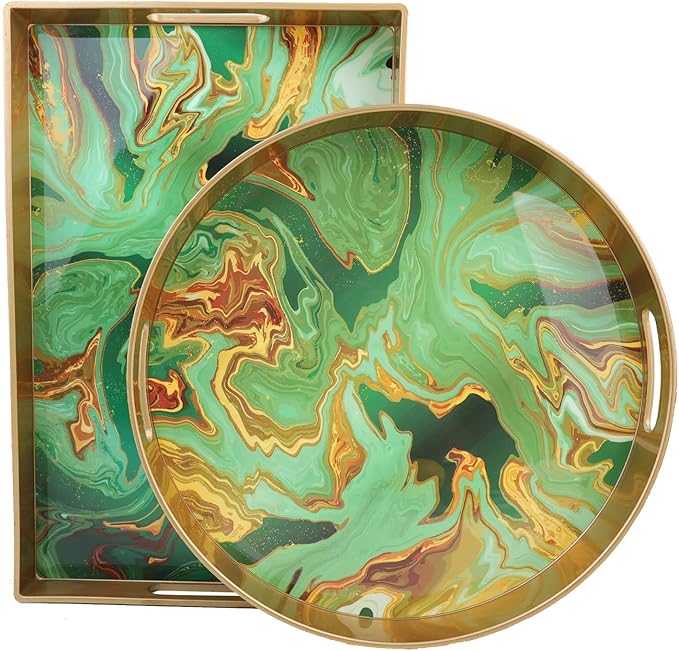 Round Green Marbling Decorative Tray with Handles, 13" Morden Plastic Serving Tray for Coffee Table Bathroom, Ottoman, Home Decor