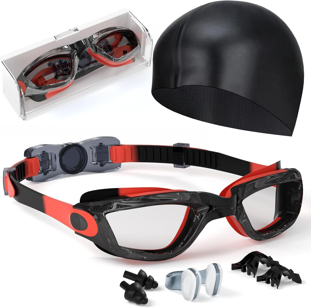 Kids Swim Goggles, Swimming Goggles for Kids Toddlers 3-14 with Swim Cap, Nose Clip, Nose Bridge, Ear Plugs