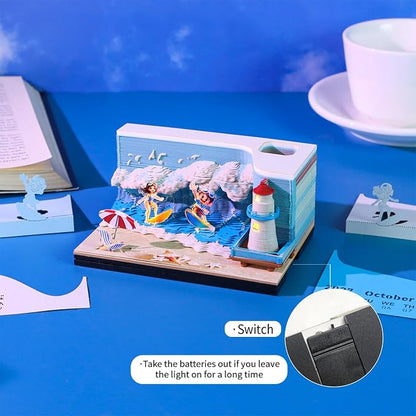 3D Time Piece Calendar, 2027 Desk Calendar With LED Light, 3d Tree Memo Pad Creative Desk Calendar, Christmas Gift for Colleague Friend, Desktop Decoration (Surf)