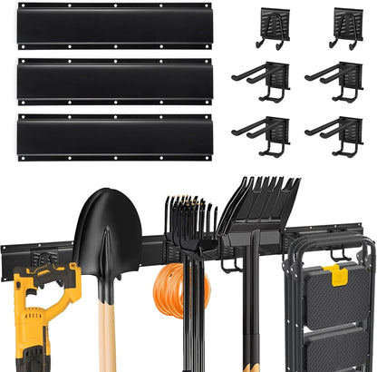 Garage Organization Garage Wall Organizer-Garage Tool Organizer Wall Mount 48in with Adjustable Metal Hooks,Max 440Lbs Yard Tool Organizer,Garden Tool Storage for Shovels Broom Folding Chair,Black
