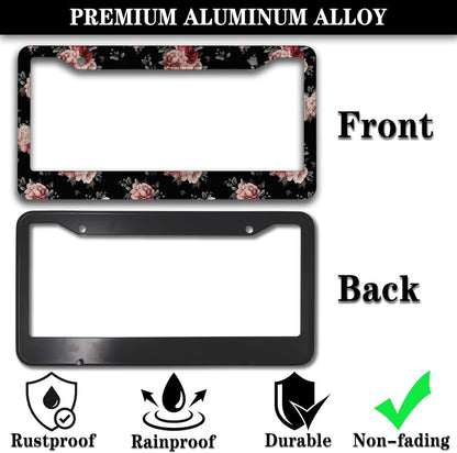 Fun License Plate Frame Protector License Plate Frames for Women Pink and Cream Dark Floral Universal Aluminum Car Accessory 2 Pack with Screw Covers Set