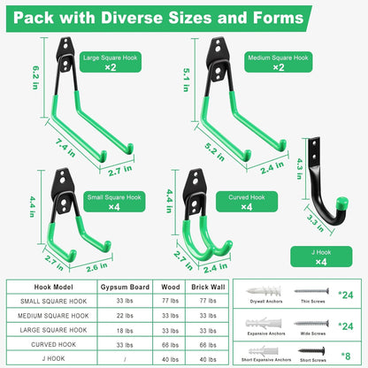 LANDNEOO Garage Hooks, 20-Pack Steel Garage Accessories for Organization and Storage, Heavy Wall Mount Duty Hooks with Anti-Slip Coating for Hanging Ladder, Bike, Power Tools and More Tools, Green