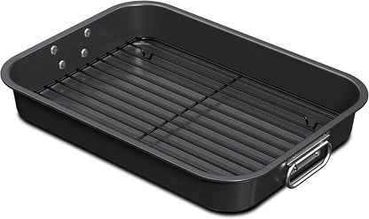 CHEFMADE Roasting Pan with Rack, 15 Inch Deep Roasting Pan, Deep Lasagna Pan for BBQ Vegetbale and Meat 15.4" x 11.2" x 2.3" (Black)