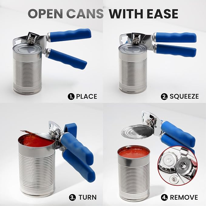 Zulay Kitchen Heavy Duty Stainless Steel Can Opener Manual with Bottle Opener - Rust Proof Manual Can Opener With Turn Knob & Comfy Soft Grip Handles - Royal Blue