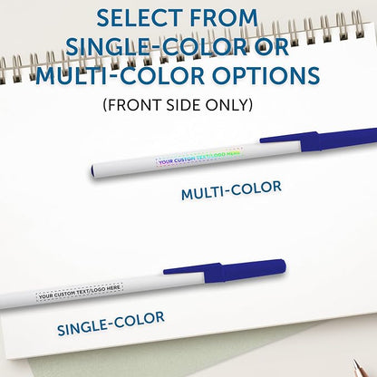 DISCOUNT PROMOS Custom Value Stick Pens Set of 10, Personalized Bulk Pack - Black Ink, Great for Office, School, Business, Tradeshows, Events - Blue