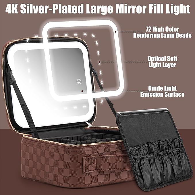 Makeup Travel Train Case with Mirror LED Light 3 Adjustable Brightness Large Cosmetic Bag Portable Storage Adjustable Partition Waterproof Makeup Brushes Make up Jewelry Gift for Women