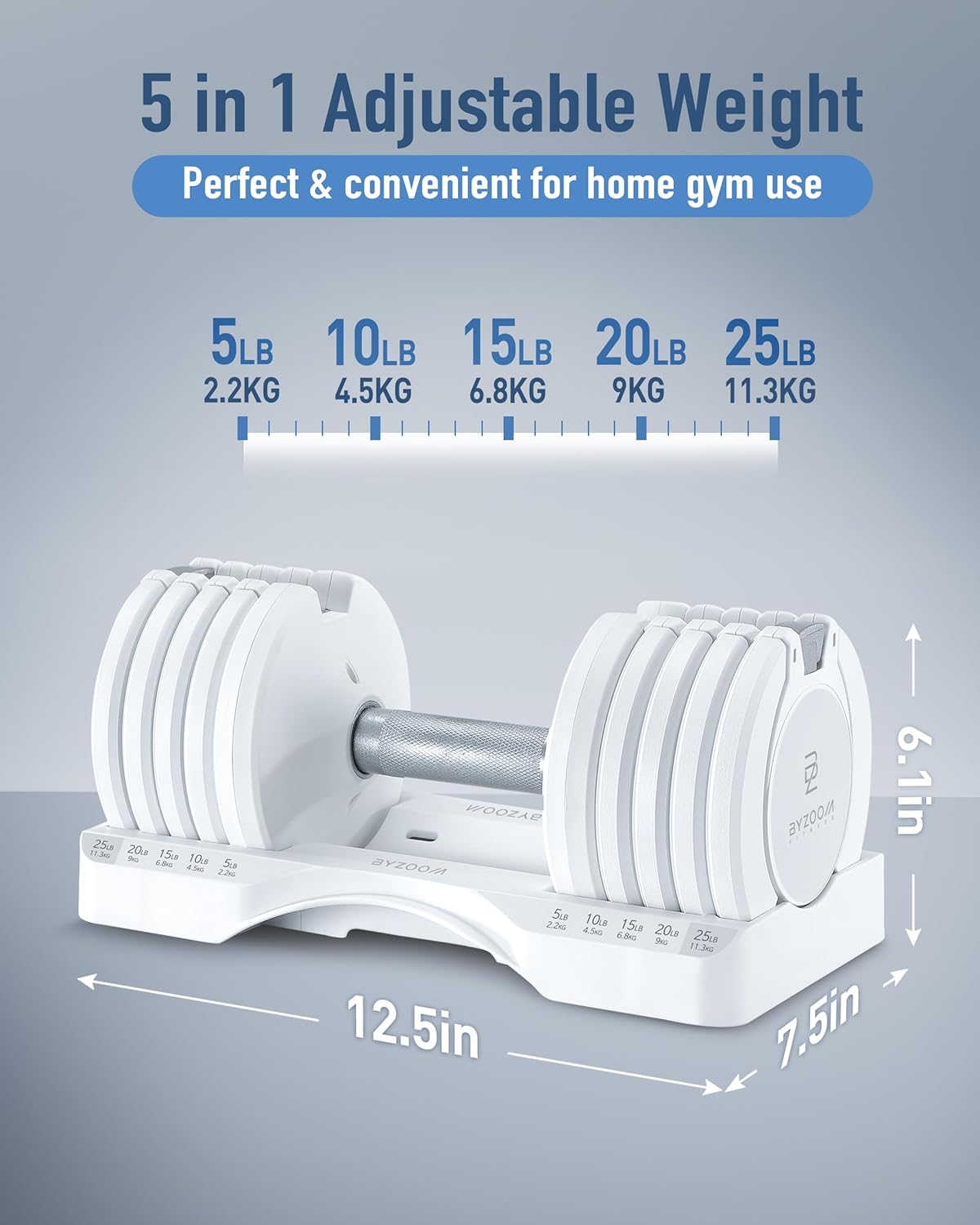 Adjustable Dumbbell – 12.5/25lb Single Unit OR Set of 2 – 5-in-1 Adjustable Weight for Home Gym, Strength Training & Fitness Workouts, White OR Black