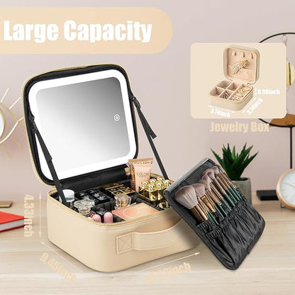 Makeup Travel Train Case with Mirror LED Light 3 Adjustable Brightness Large Cosmetic Bag Portable Storage Adjustable Partition Waterproof Makeup Brushes Make up Jewelry Gift for Women
