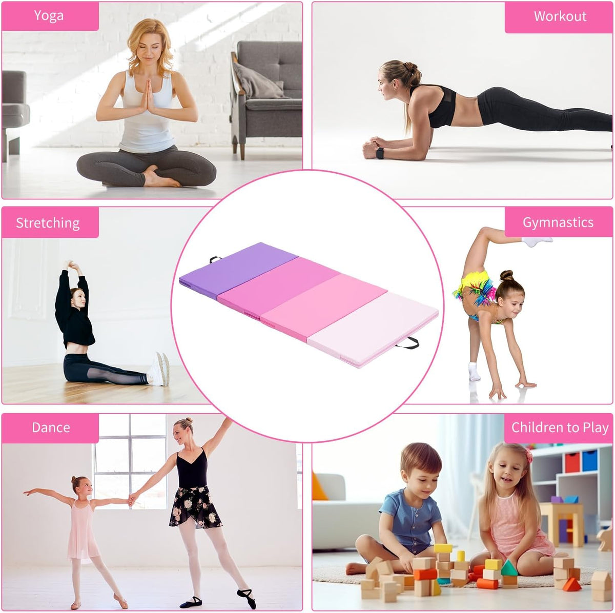 ZENOVA Gymnastics Mat 6'x3'x2''/4'x8'x2'' Exercise Mat Gym Mat for Home Aerobics Workout Foldable Tumbling Mat Children Gifts