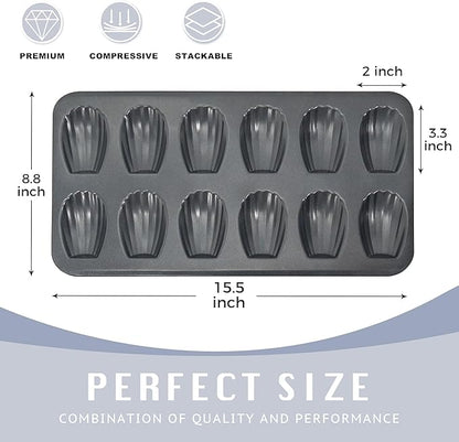 HONGBAKE Nonstick Madeleine Pan 2 Pack 12-Cavity Heavy Duty Madeleine Cookies Trays for Oven Baking, Warp Resistant Shell Shape Madeleine Mold Cake Pan, Space Grey