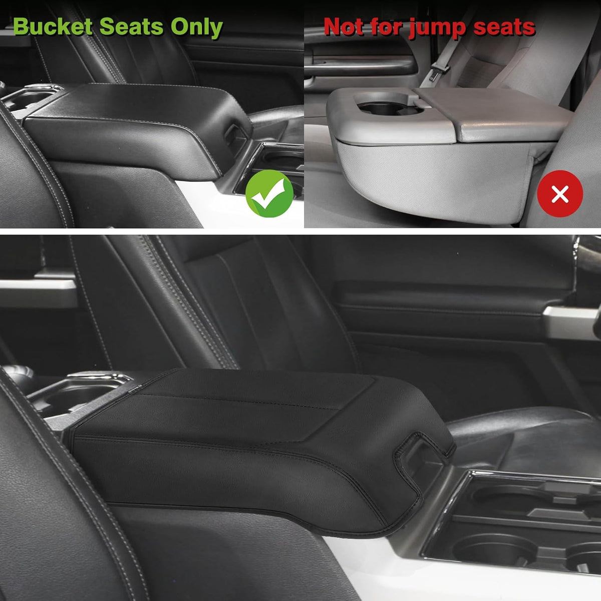 Muslogy Center Console Armrest Cover Compatible with Ford F250 F350 F450 2017-2022 Super Duty Comfort Armrest Pad Arm Rest Cushion Vegan Leather Protector Regular Thick(Bucket Seat ONLY)
