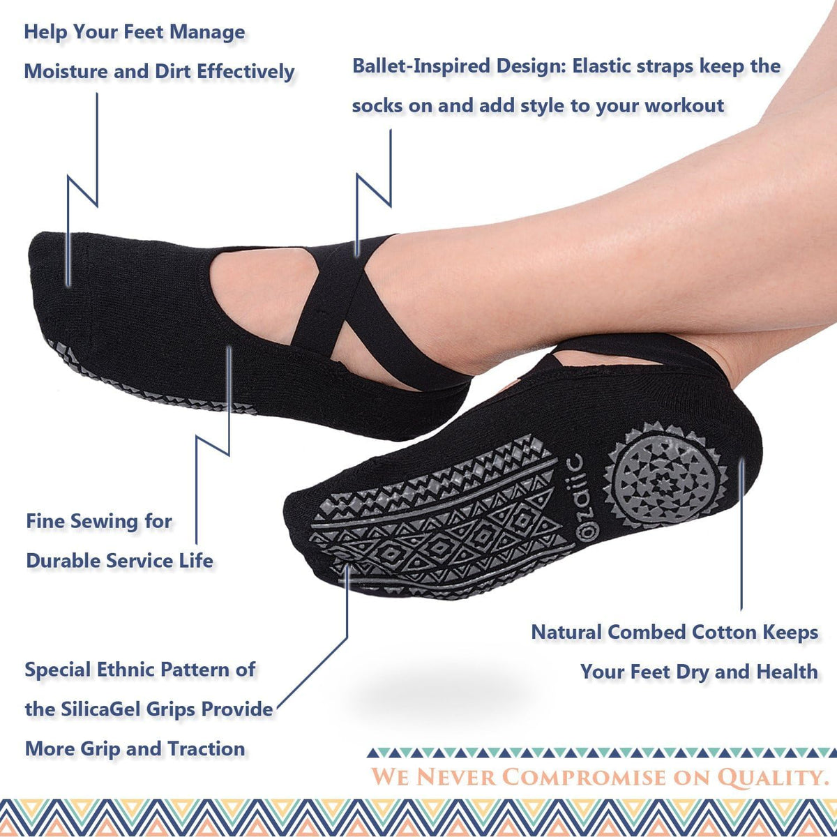 Ozaiic Yoga Socks for Women Non-Slip Grips & Straps, Ideal for Pilates, Pure Barre, Ballet, Dance, Barefoot Workout
