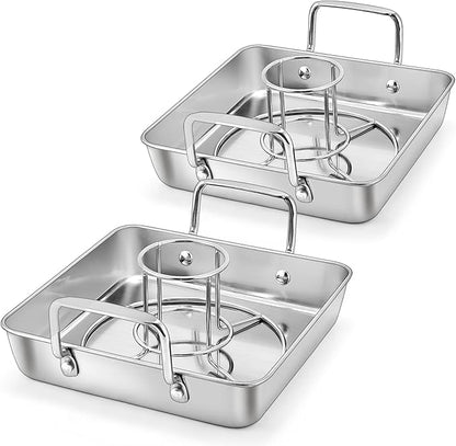 P&P CHEF Beer Can Chicken Holder with Roasting Pan Set, 9-inch Stainless Steel Square Baking Pan and Chicken Rack For Grilling, Heavy Duty & Dishwasher Safe, 4Pcs