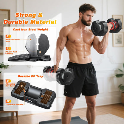 XDDIAS Adjustable Dumbbell Set of 2-25LB/55LB Set-1Sec Adjustable Dumbbell Weights-5 in 1 Free Weights Dumbbells Set with Effortless Tray/No-Slip Handle-Compact Size for Women/Men at Home Gym