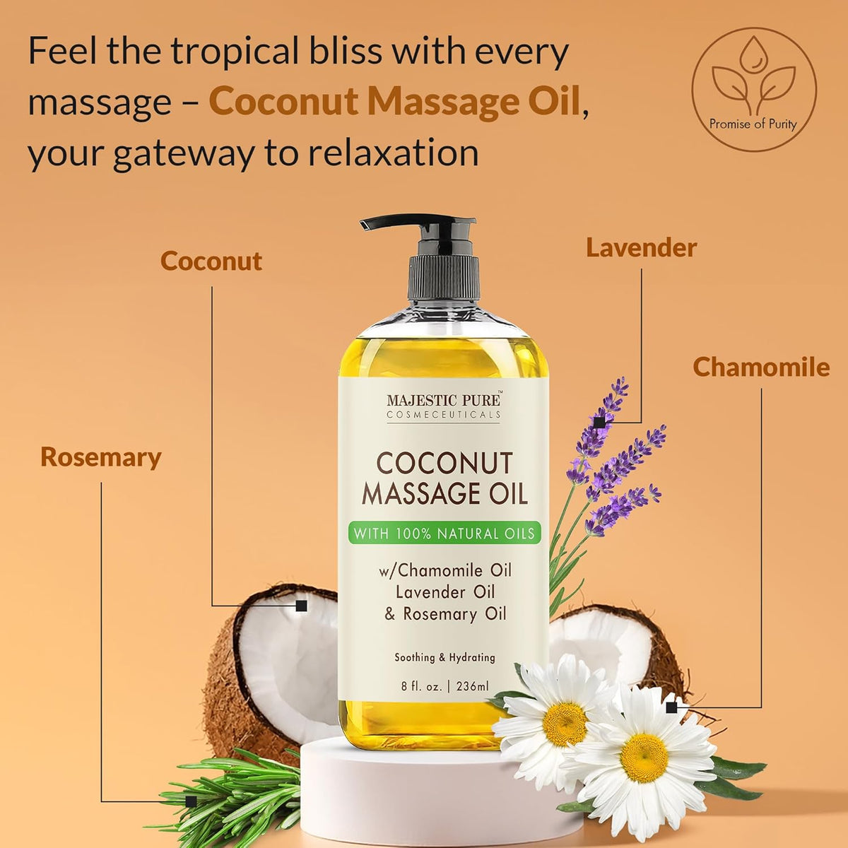 MAJESTIC PURE Coconut Massage Oil for Massage Therapy - Refreshing, and Relaxing - Natural Oils - for All Skin Types - Men and Women - 8 fl oz