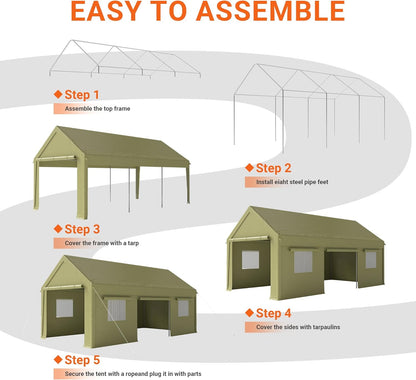 12x20 FT Carport, Heavy Duty Carport, Portable Garage with Side-Opening Door & Roll-Up Windows, Car Canopy Reinforced Four-Hole Base for Car, Truck, Boat, Motorcycle, Green