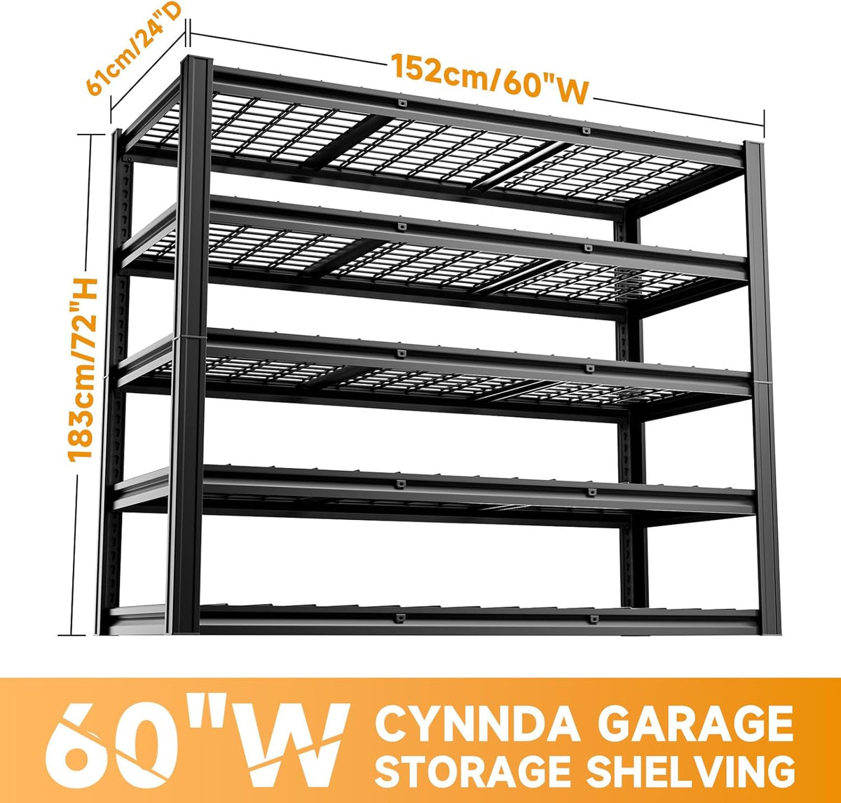 5-Tier 60”W x 24”D x 72”H Garage Shelving Storage Shelves 3000LBS Heavy Duty Metal Shelf Adjustable Rack Units Suitable for Garage Basement Warehouse Utility Shelves (Black)