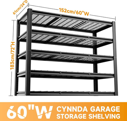 5-Tier 60”W x 24”D x 72”H Garage Shelving Storage Shelves 3000LBS Heavy Duty Metal Shelf Adjustable Rack Units Suitable for Garage Basement Warehouse Utility Shelves (Black)