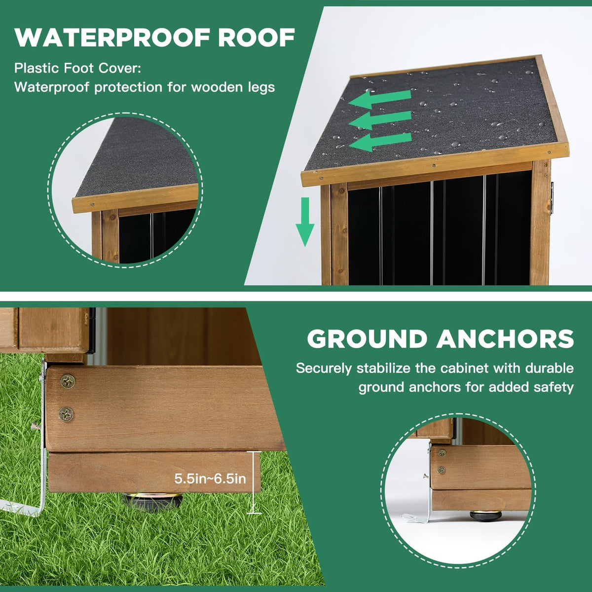 Outdoor Storage Cabinet Wood & Metal, Storage Shed Waterproof Double Lock for Anti-Theft Removable Shelves Adjustable Feet Wooden Floor for Patio, Garden, Lawn Pool Storage, 46" X 18" X 68"