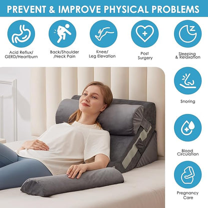 4PCS Bed Wedge Pillow for Headboard, Adjustable Wedge Pillow for Sleep Apnea, 23” Wide Triangle Pillow Wedge Set for After Surgery, Acid Reflux Relief, Snoring, Neck&Back Support, Grey