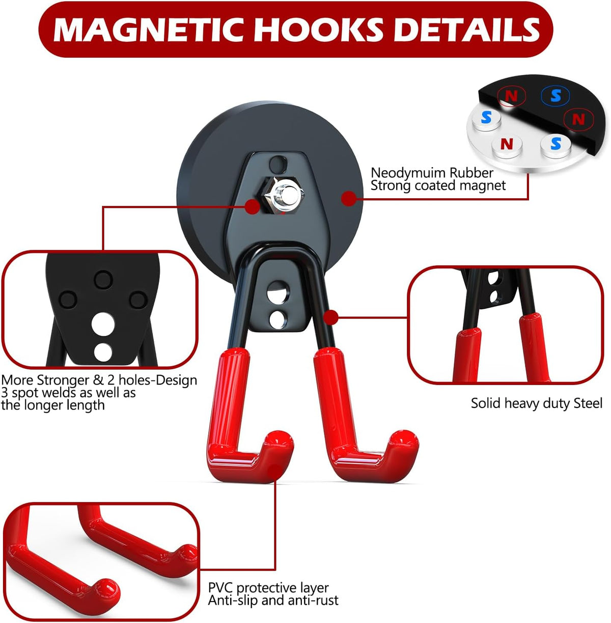 3-H Heavy Duty Magnet Garage Hooks 4 Pack, Large Strong Magnetic Hooks for Hanging Cordless Power Drill, Utility Magnetic Tool Holder for Metal Cabinet, Steel Pegboard, Toolbox, Garage(Red)