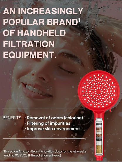 Cobbe Filtered Shower Head with Handheld, High Pressure 6 Spray Mode Showerhead with Filters, Water Softener Filters Beads for Hard Water - Remove Chlorine - Reduces Dry Itchy Skin, Red