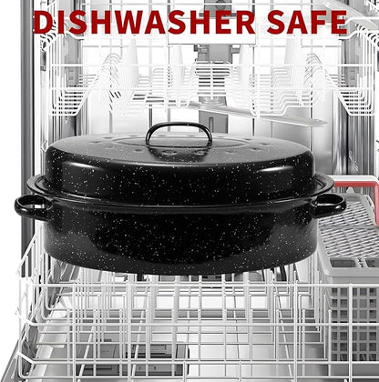 DIMESHY 18Inch Roasting Pan, Enamel on Steel, Black Covered Oval Roaster Pan with Lid, Large Cookware for Turkey, Small Chicken, Roast Baking Pan.