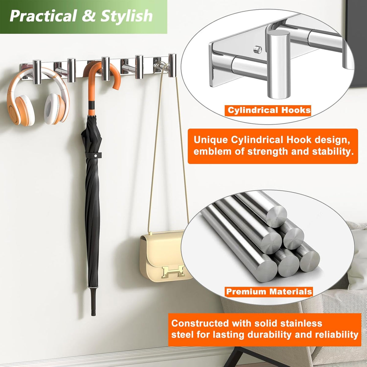 Wall Mounted Coat Rack-5 Hooks, Heavy Duty Stainless Steel Hook Rail for Towel Coat Hat Purse Bag Jacket, Towel Hooks for Entryway Bathroom Kitchen (Glossy 5 Hooks - 1 Pack)