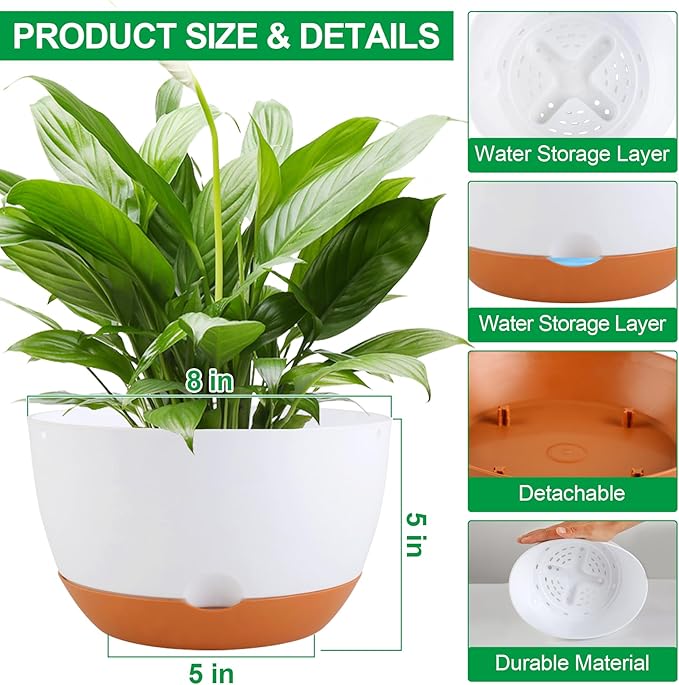 4 Pack Self Watering Pots for Indoor,8 Inch Plant Pot Outdoor Plastic Flower Pot with Drainage and Saucers(White)