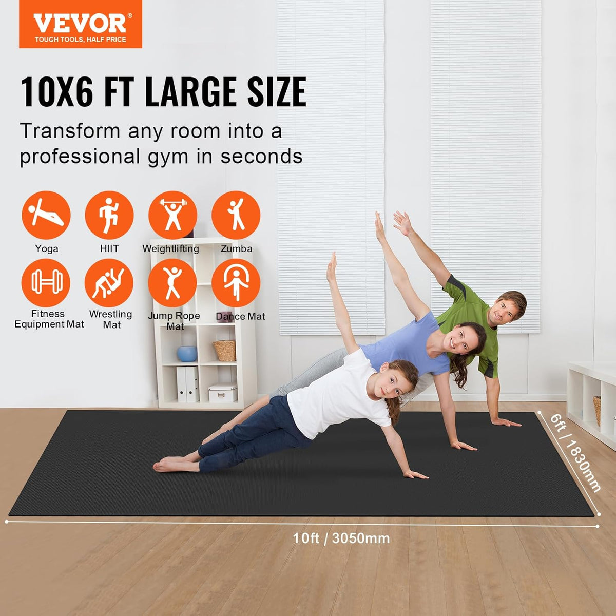 VEVOR Large Exercise Mat, Non Slip High Density Premium Yoga Mat, Exercise Yoga Mat for Men Women, Fitness & Exercise Mat with Bag & Carry Strap, for All Types of Home Yoga, Pilate & Floor Workout