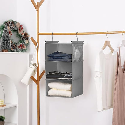MAX Houser 3 Tier Shelf Hanging Closet Organizer, Space Saver,Closet Hanging Shelf with 2 Sturdy Hooks for Storage, Foldable (Grey)