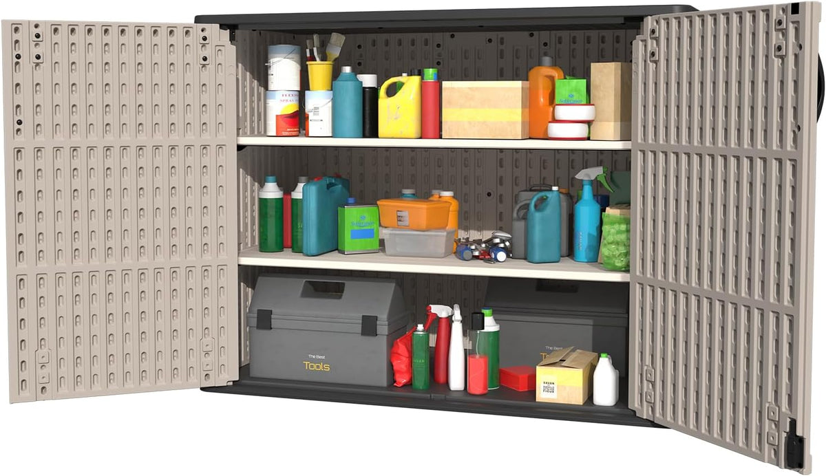 Patiowell Shelf of Plastic Outdoor Storage Cabinet, 26/50 Cu Ft Lockable Outdoor Storage Shed Waterproof Patio Tools Storage Box (2 Shelves),Beige